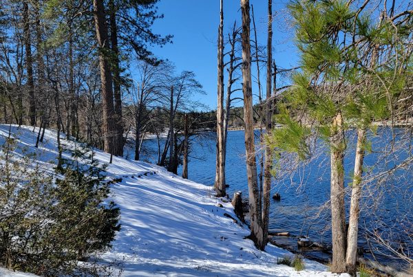 Snow on the side of Lake Gregory.